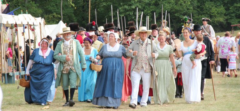 Group dressed in Revolutionary War era garb at the Fair at New Boston