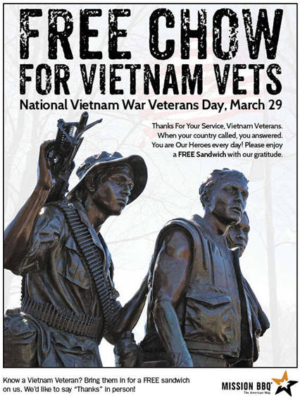 Free sandwich for Vietnam War veterans at Mission BBQ on Vietnam War Veterans Day, March 29, 2025